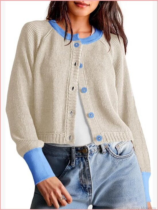 Sweaters - Cropped Button Down Cardigan Sweater Open Front Long Sleeve Color Block Knit